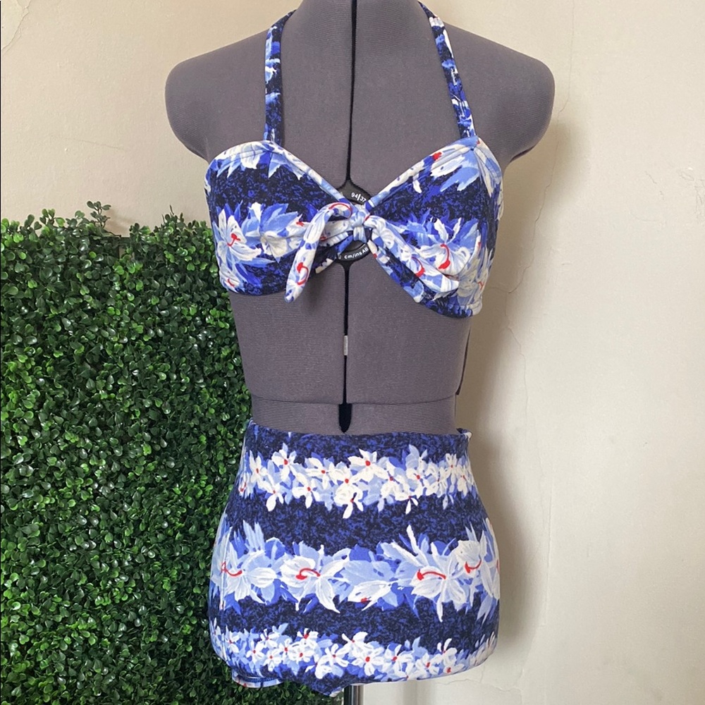Vintage 1960s Floral Blue High-Waist Bikini Set